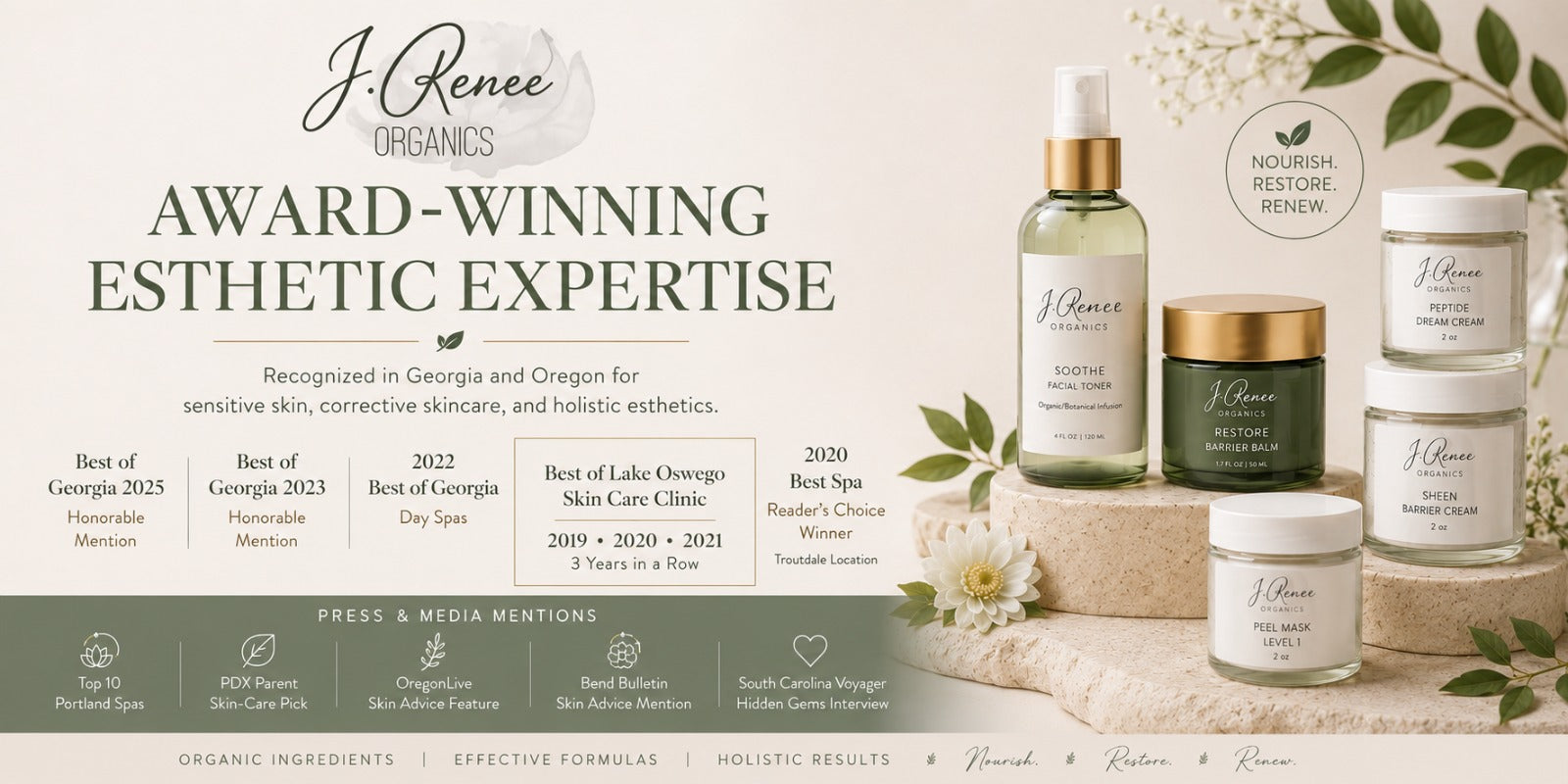 J Renee Organics awards and press recognition